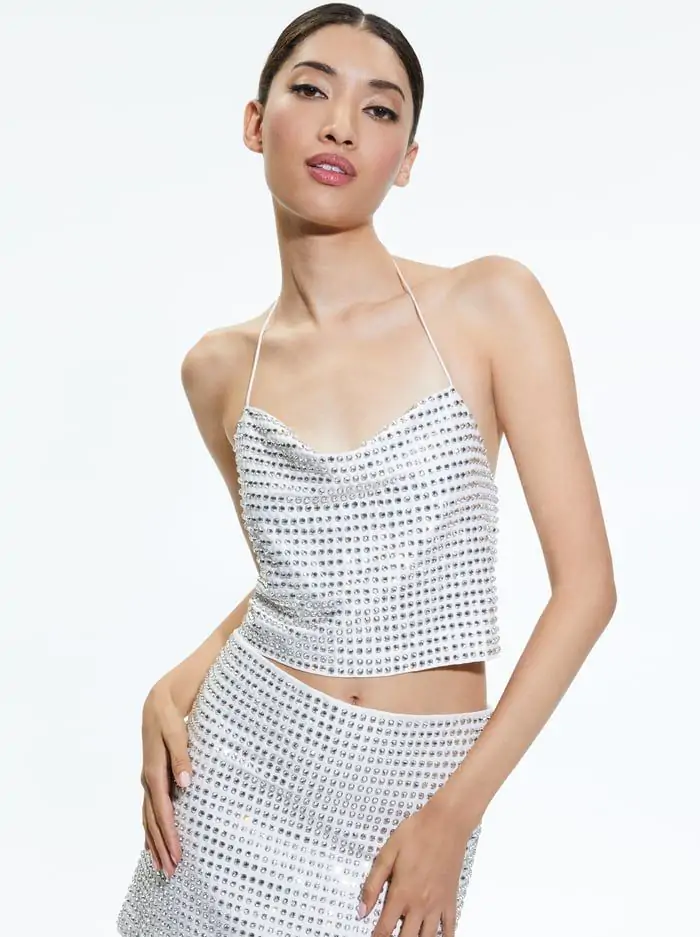 GRAZI EMBELLISHED TIE BACK CROP TOP